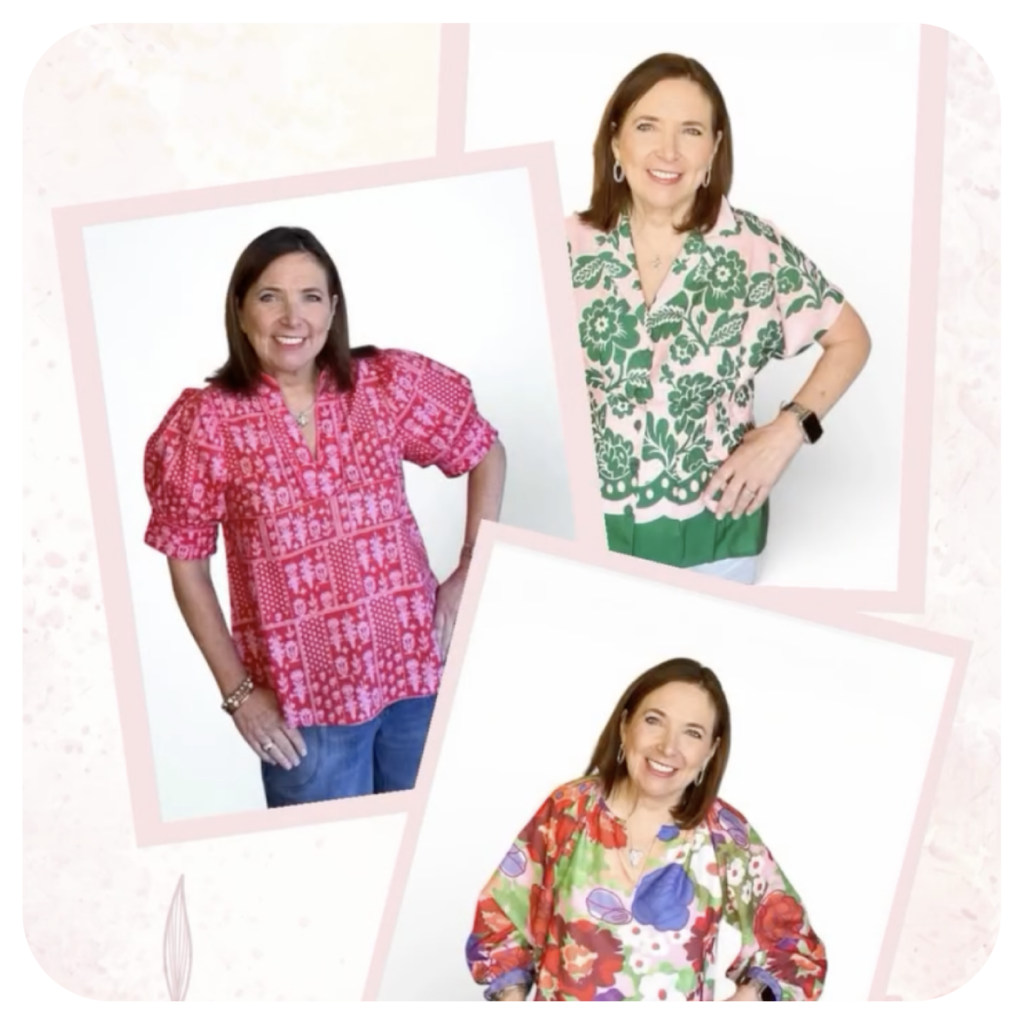 A woman is shown in three photos, each wearing a different colorful, floral-patterned blouse, smiling confidently against a white background.