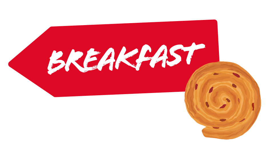 Red arrow with the word "Breakfast" in bold white text pointing right, next to a swirl pastry, conveying a fresh, inviting feel.