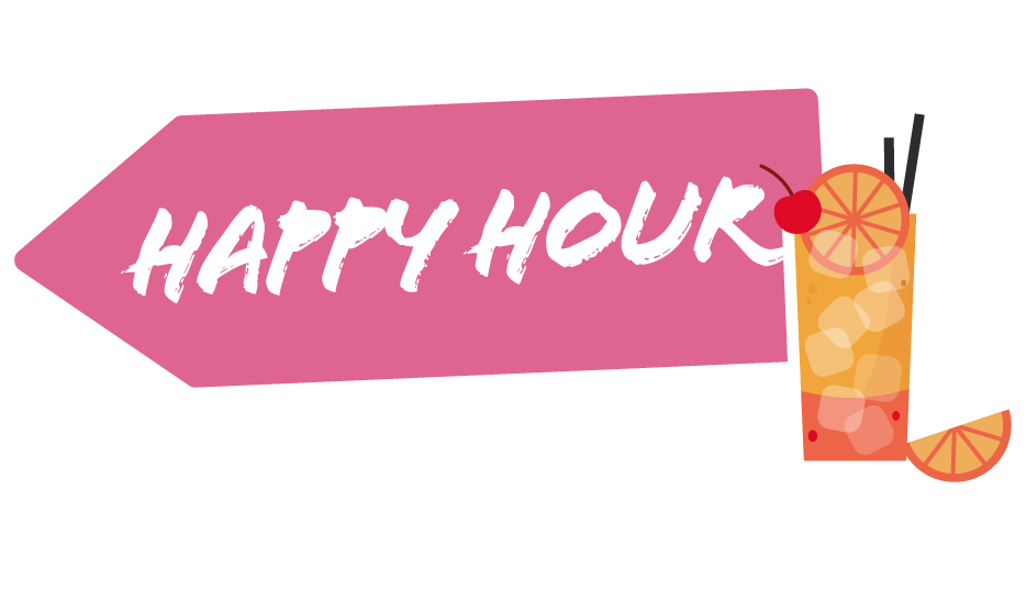 Pink tag with the words "Happy Hour" in bold white letters, next to a tropical cocktail with ice, an orange slice, cherry, and straws.