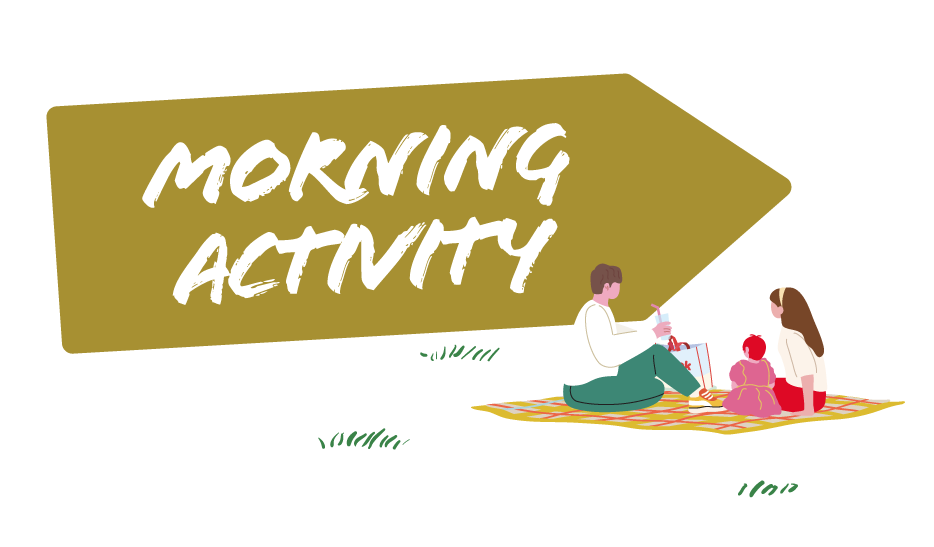 Illustration of a family picnic on a blanket with a child. "Morning Activity" text in bold white on an olive banner. Cheerful and relaxed mood.