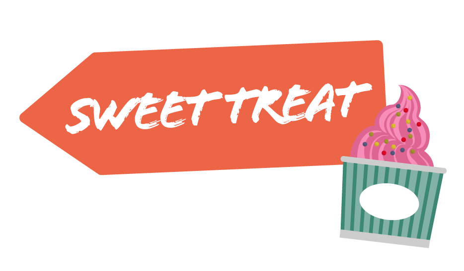 Red arrow with "Sweet Treat" text points to a colorful cupcake with pink frosting and sprinkles in a green-striped cup, conveying a playful tone.