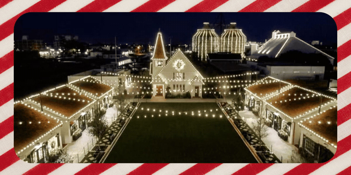 A festive nighttime view of illuminated silos and buildings framed by red-and-white candy-cane stripes, with text reading “Christmas at the Silos.”